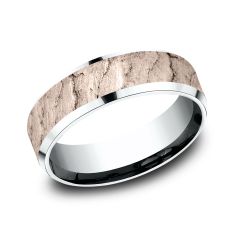 14k Rose Gold and White Gold 7mm Lava Rock Textured Lightweight Comfort Fit Wedding Band