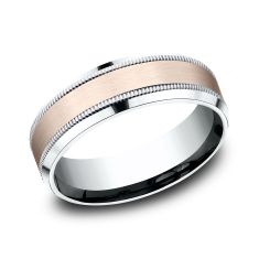 14k Rose Gold and White Gold 7mm Satin Finish Milgrain Lightweight Comfort Fit Wedding Band