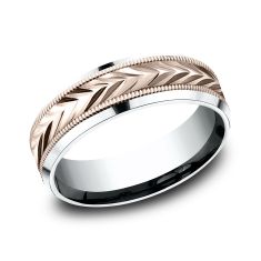 14k Rose Gold and White Gold 7mm Wheat Pattern Lightweight Comfort Fit Wedding Band
