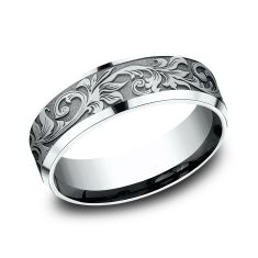 14k White Gold 7mm Scrollwork Lightweight Comfort Fit Wedding Band