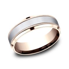 14k White Gold and Rose Gold 7mm Satin Finish Milgrain Lightweight Comfort Fit Wedding Band