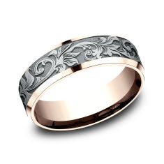 14k White Gold and Rose Gold 7mm Scrollwork Lightweight Comfort Fit Wedding Band