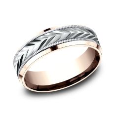 14k White Gold and Rose Gold 7mm Wheat Pattern Lightweight Comfort Fit Wedding Band