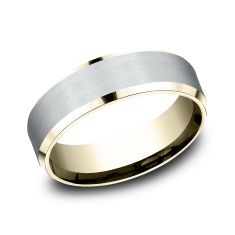 14k White Gold and Yellow Gold 7mm Satin Finish Bevel Edge Lightweight Comfort Fit Wedding Band