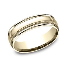 14k Yellow Gold 6.5mm High Polish Finish Milgrain Lightweight Comfort Fit Wedding Band
