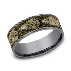 14k Yellow Gold and Grey Tantalum 7.5mm Arrow Head Pattern Comfort Fit Wedding Band