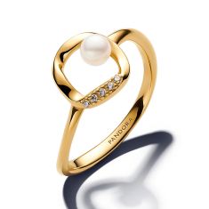Pandora Essence Organically Shaped Pavé Circle & Treated Freshwater Cultured Pearl Gold-Plated Ring