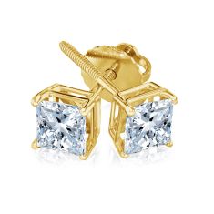 1ctw Princess Diamond Solitaire Yellow Gold Stud Earrings