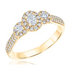 3/4ctw Oval Diamond Halo Three-Stone 14k Yellow Gold Engagement Ring - Glow Collection