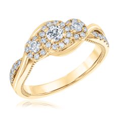 5/8ctw Round Diamond Halo Three-Stone 14k Yellow Gold Engagement Ring - Glow Collection