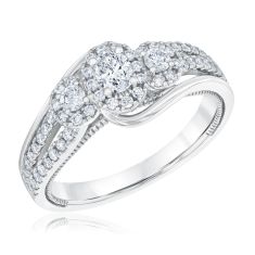 3/4ctw Oval Diamond Halo Three-Stone 14k White Gold Engagement Ring - Couture Collection