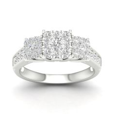 1ctw Cushion-Shaped Composite Diamond 14k White Gold Three-Stone Engagement Ring