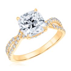 3ctw Cushion Lab Grown Diamond Hidden Halo 14k Yellow Gold Twist Band Engagement Ring