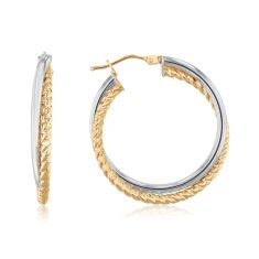 Two-Tone 14k Yellow and White Gold Rope Crossover Hoop Earrings