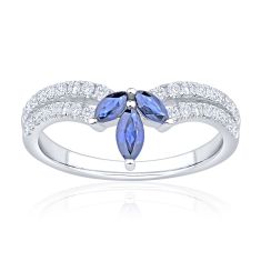 Blue Sapphire and 1/3ctw Diamond 14k White Gold Curved Wedding Band