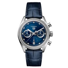 TAG Heuer CARRERA Chronograph Diamond Blue Dial Leather Strap Watch 39mm - CBS2214.FC6567