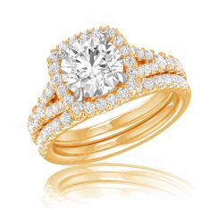 2 7/8ctw Round Lab Grown Diamond Halo Yellow Gold Engagement and Wedding Ring Bridal Set