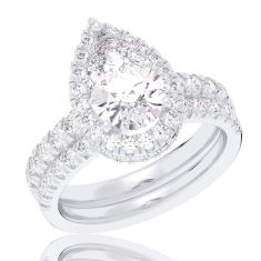 4 1/4ctw Pear Lab Grown Diamond Halo White Gold Engagement and Wedding Ring Bridal Set