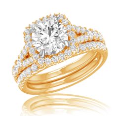 4ctw Round Lab Grown Diamond Halo Yellow Gold Engagement and Wedding Ring Bridal Set