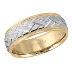 ArtCarved Two-Tone Criss-Cross Swiss Cut Engraved Comfort Fit Wedding Band 7mm