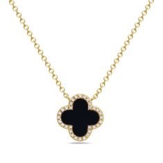 Bassali Black Onyx Clover 1/15ctw Diamond Halo Yellow Gold Pendant Necklace