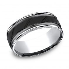 Black and White Cobalt 8mm Diagonal Cut Center Comfort Fit Wedding Band