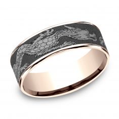 Darkened Tantalum and 14k Rose Gold Chinese Dragon Pattern 7.5mm Comfort Fit Wedding Band
