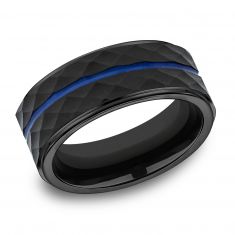 Faceted Black Cobalt with Thin Blue Line Center Band 8mm