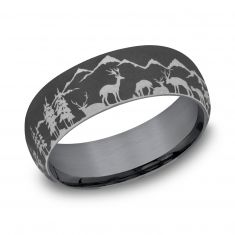 Stag and Wilderness Pattern Darkened Tantalum Comfort Fit Wedding Band 8mm