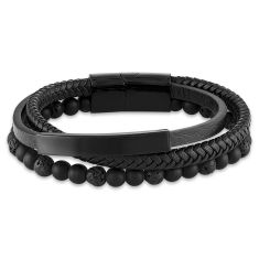 Men's Black Onyx and Lava Bead, Leather, and Black Ion-Plated Stainless Steel Triple Wrap Bracelet