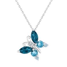 Blue Topaz and Created White Sapphire Butterfly Pendant Necklace