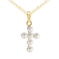 Child's Freshwater Cultured Pearl Cross Yellow Gold Pendant Necklace
