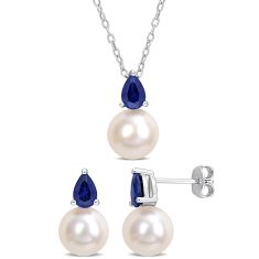 Created Blue Sapphire and 8.5-9mm White Freshwater Cultured Pearl Sterling Silver Necklace and Earring Set