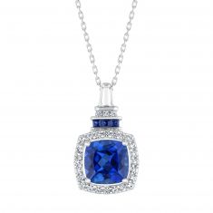 Created  Blue Sapphire and Created White Sapphire Sterling Silver Pendant Necklace