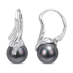 Cultured Black Tahitian Pearl and 1/20ctw Diamond Twist Sterling Silver Leverback Earrings