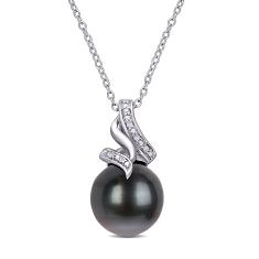 Cultured Black Tahitian Pearl and 1/20ctw Diamond Twist Sterling Silver Pendant Necklace