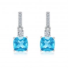 Cushion Swiss Blue Topaz and Created White Sapphire Sterling Silver Drop Earrings