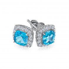 Cushion Swiss Blue Topaz and Created White Sapphire Sterling Silver Earrings