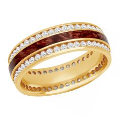 Diamond and Pearl Red Ceramic Inlay Yellow Gold Double Eternity 7mm Wedding Band