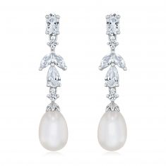Downton Abbey | Lady Edith - Freshwater Cultured Pearl and Created White Sapphire Sterling Silver Drop Earrings