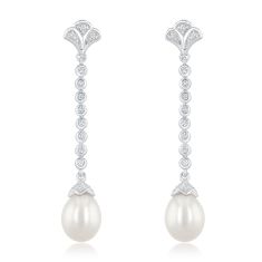Downton Abbey | Lady Edith - Freshwater Cultured Pearl and Created White Sapphire Drop Sterling Silver Earrings