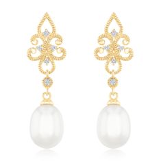 Downton Abbey | Lady Edith - Freshwater Cultured Pearl and Diamond Accent Yellow Gold Drop Earrings