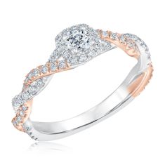 3/4ctw Round Diamond Cushion Halo Twisted Band Two-Tone Engagement Ring | Glow Collection