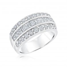 Kallati 2ctw Princess, Baguette, and Round Diamond Three-Row White Gold Anniversary Ring