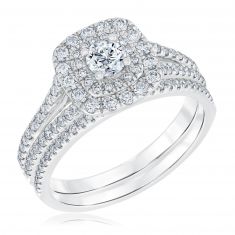 1ctw Round Diamond Double Cushion Halo Engagement and Wedding Ring Bridal Set | Timeless Collection