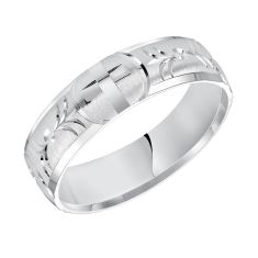 14k White Gold 6mm Engraved Cross Design Comfort Fit Wedding Band