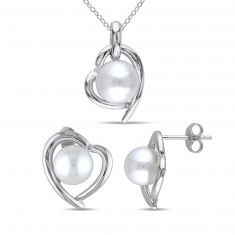 Freshwater Cultured Pearl and Diamond Heart Earrings and Pendant Gift Set 1/20ctw