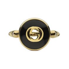 Gucci Interlocking Diamond Accent Black Onyx Yellow Gold Ring - Size 8