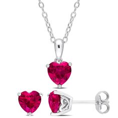 Heart Created Ruby Sterling Silver Necklace and Earring Set