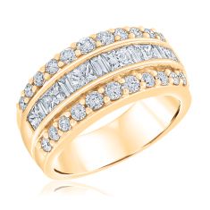 Kallati 2ctw Princess Baguette Round Diamond Three-Row Yellow Gold Anniversary Ring